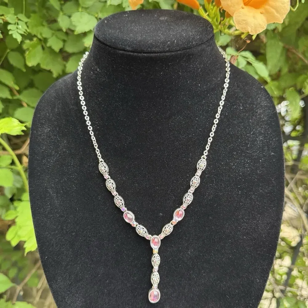 VTG Avon Silver Plate Filigree Cabochon AB Rhinstone Y Drop Lavaliere Necklace - Picture 2 of 16
